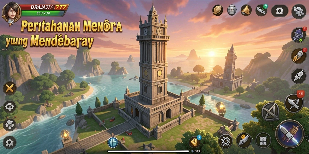 Screenshot utama DRAJA777 menampilkan aksi menara dalam menghadapi serangan musuh.