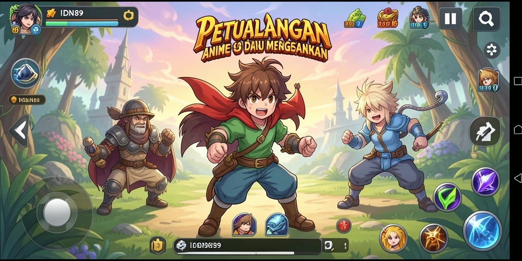 Screenshot gameplay IDN89 menampilkan karakter anime beraksi di dunia fantastis.