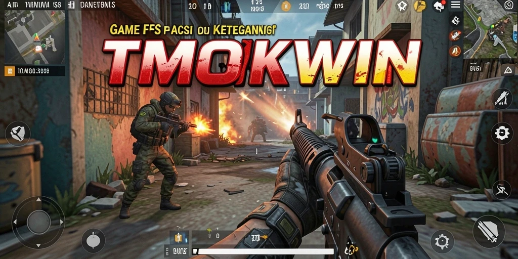Screenshot TMOKWIN menampilkan pertempuran seru dalam game FPS.